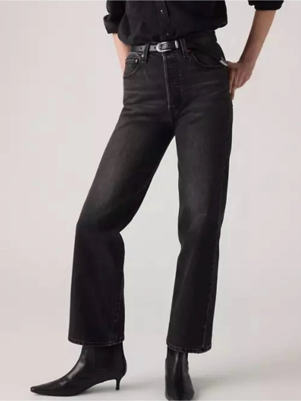 LEVI'S Ribcage Straight Ankle Jeans Womens 32 Black High Rise Button Fly Denim